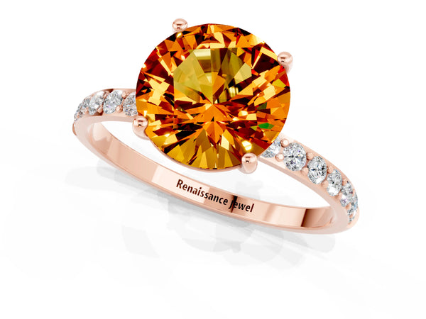 Rose gold Round Cut Citrine Solitaire Ring with Round Pavé Shoulders and Prong Setting