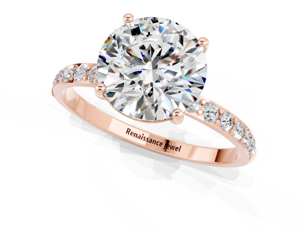 Rose gold Round Cut Moissanite Solitaire Ring with Round Pavé Shoulders and Prong Setting