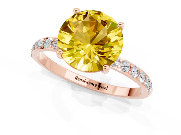 Rose gold Round Cut Yellow Sapphire Solitaire Ring with Round Pavé Shoulders and Prong Setting