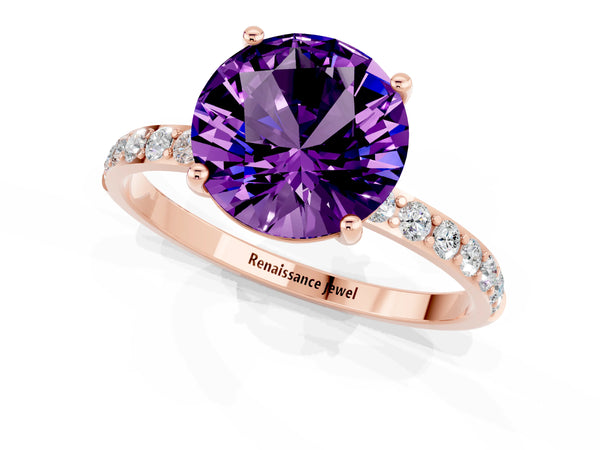 Rose gold Round Cut Amethyst Solitaire Ring with Round Pavé Shoulders and Prong Setting