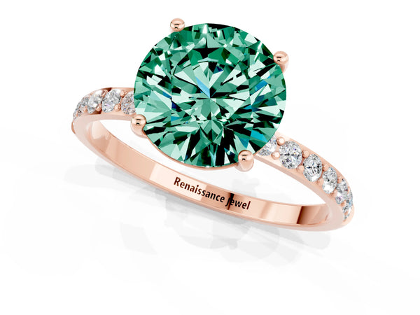 Rose gold Round Cut Green Sapphire Solitaire Ring with Round Pavé Shoulders and Prong Setting
