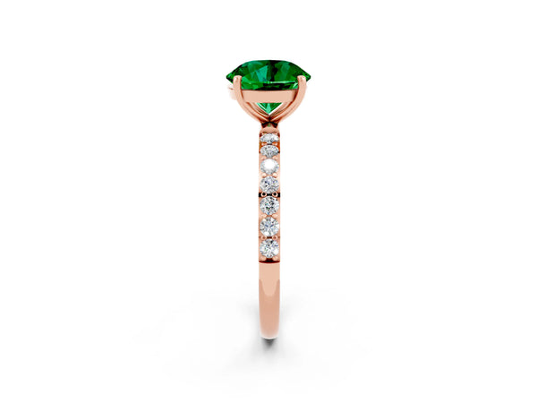 Rose gold Round Cut Emerald Solitaire Ring with Round Pavé Shoulders and Prong Setting