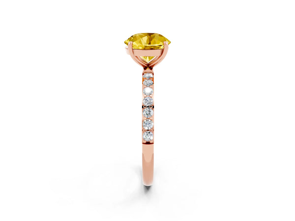 Rose gold Round Cut Yellow Sapphire Solitaire Ring with Round Pavé Shoulders and Prong Setting