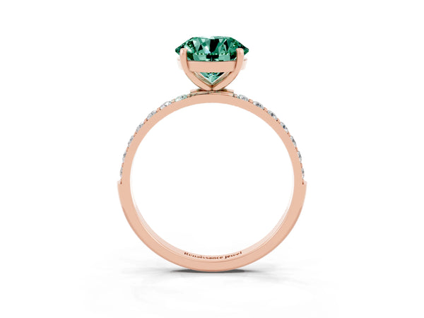 Rose gold Round Cut Green Sapphire Solitaire Ring with Round Pavé Shoulders and Prong Setting