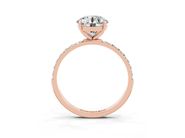 Rose gold Round Cut Moissanite Solitaire Ring with Round Pavé Shoulders and Prong Setting