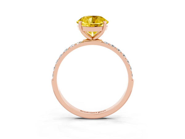 Rose gold Round Cut Yellow Sapphire Solitaire Ring with Round Pavé Shoulders and Prong Setting