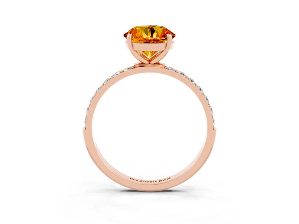 Rose gold Round Cut Citrine Solitaire Ring with Round Pavé Shoulders and Prong Setting