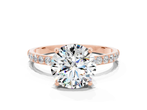Rose gold Round Cut Moissanite Solitaire Ring with Round Pavé Shoulders and Prong Setting