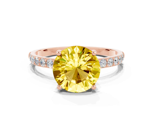 Rose gold Round Cut Yellow Sapphire Solitaire Ring with Round Pavé Shoulders and Prong Setting