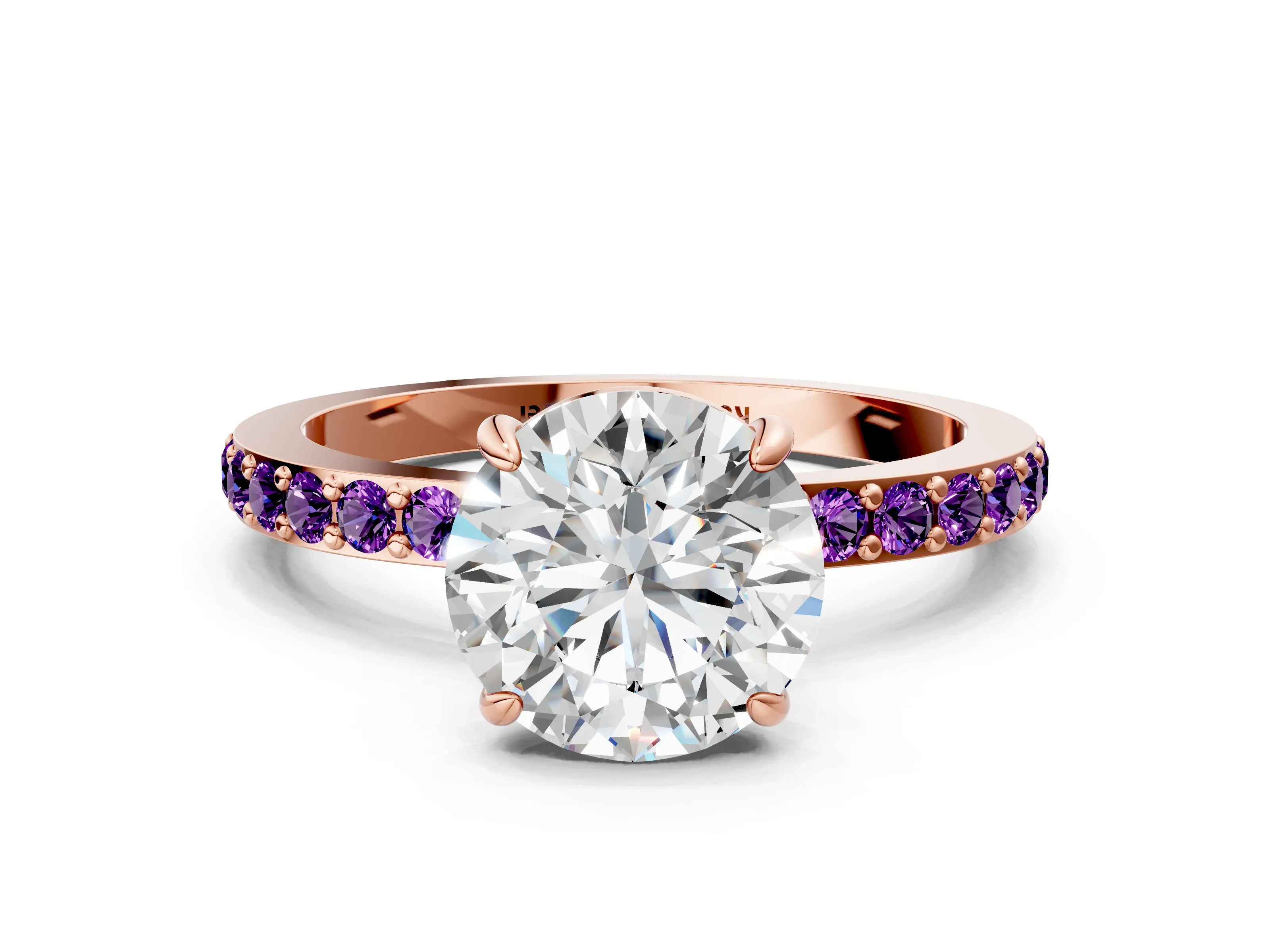 Rose gold Round Cut Diamond Pavé Engagement Ring with Round with Amethyst side stone Accents and Prong Setting