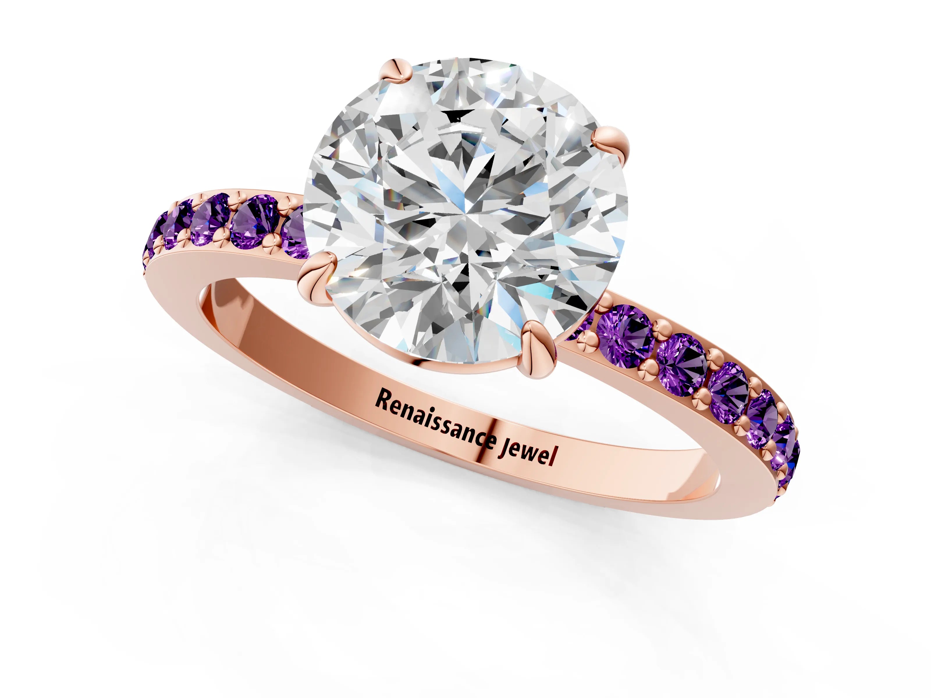 Rose gold Round Cut Diamond Pavé Engagement Ring with Round with Amethyst side stone Accents and Prong Setting_1