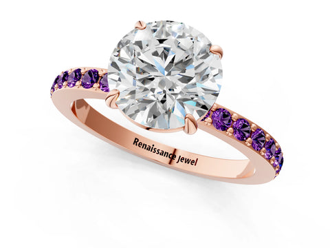 Rose gold Round Cut Diamond Pavé Engagement Ring with Round with Amethyst side stone Accents and Prong Setting_1
