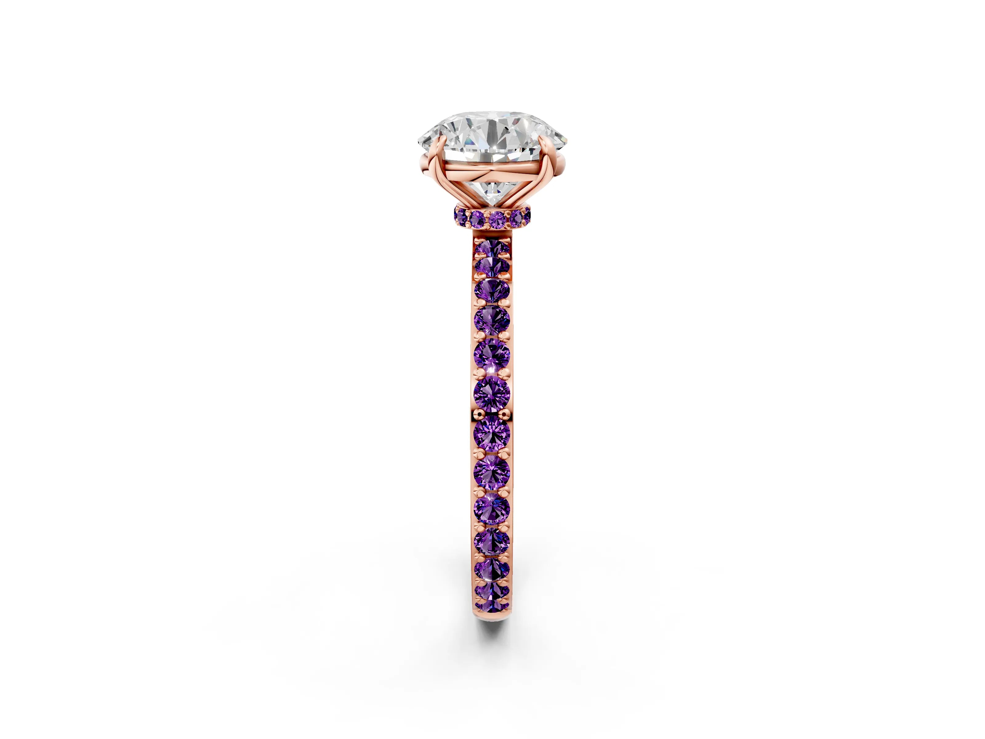 Rose gold Round Cut Diamond Pavé Engagement Ring with Round with Amethyst side stone Accents and Prong Setting_2