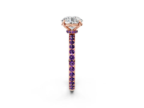 Rose gold Round Cut Diamond Pavé Engagement Ring with Round with Amethyst side stone Accents and Prong Setting_2