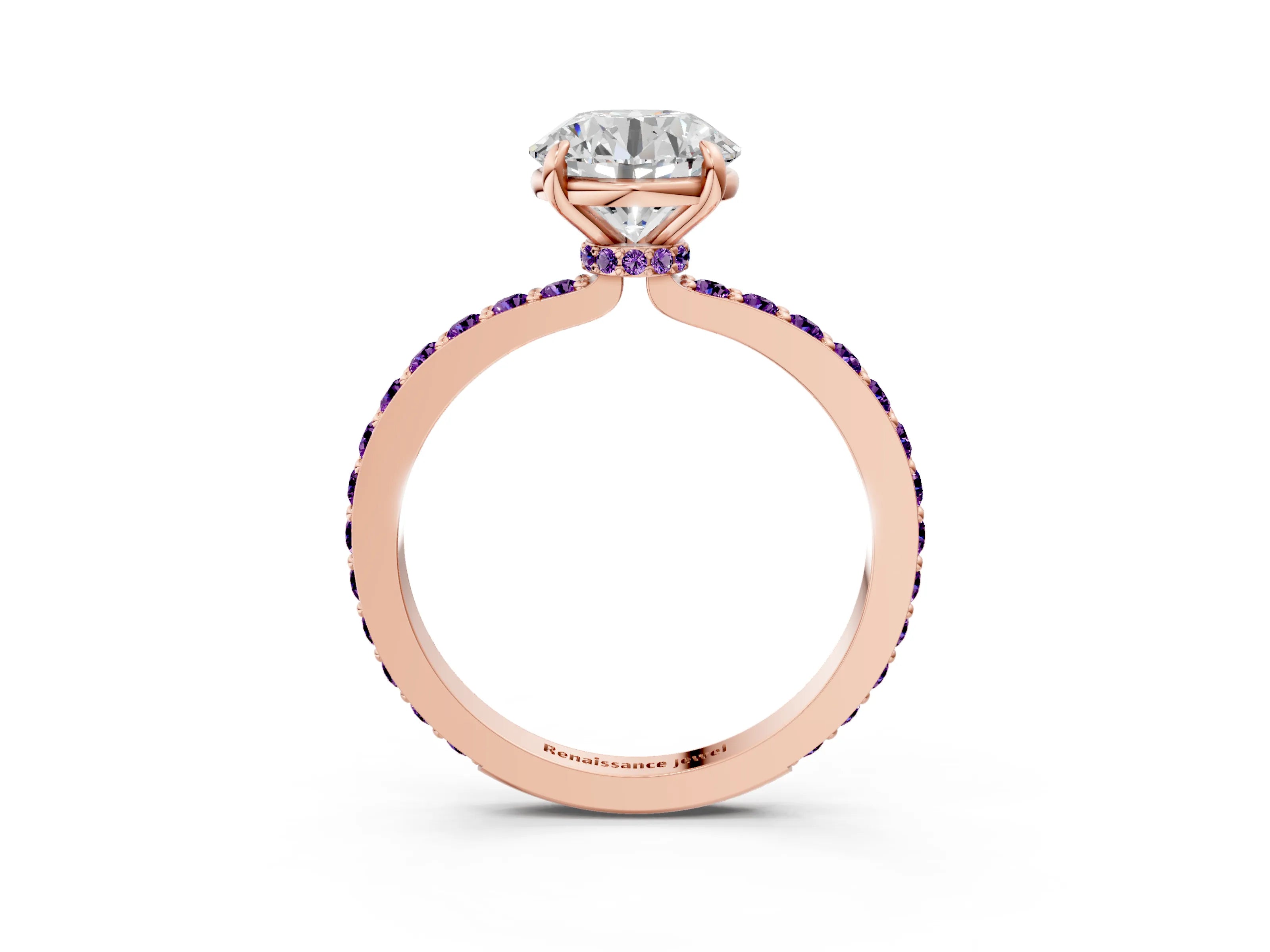Rose gold Round Cut Diamond Pavé Engagement Ring with Round with Amethyst side stone Accents and Prong Setting_3