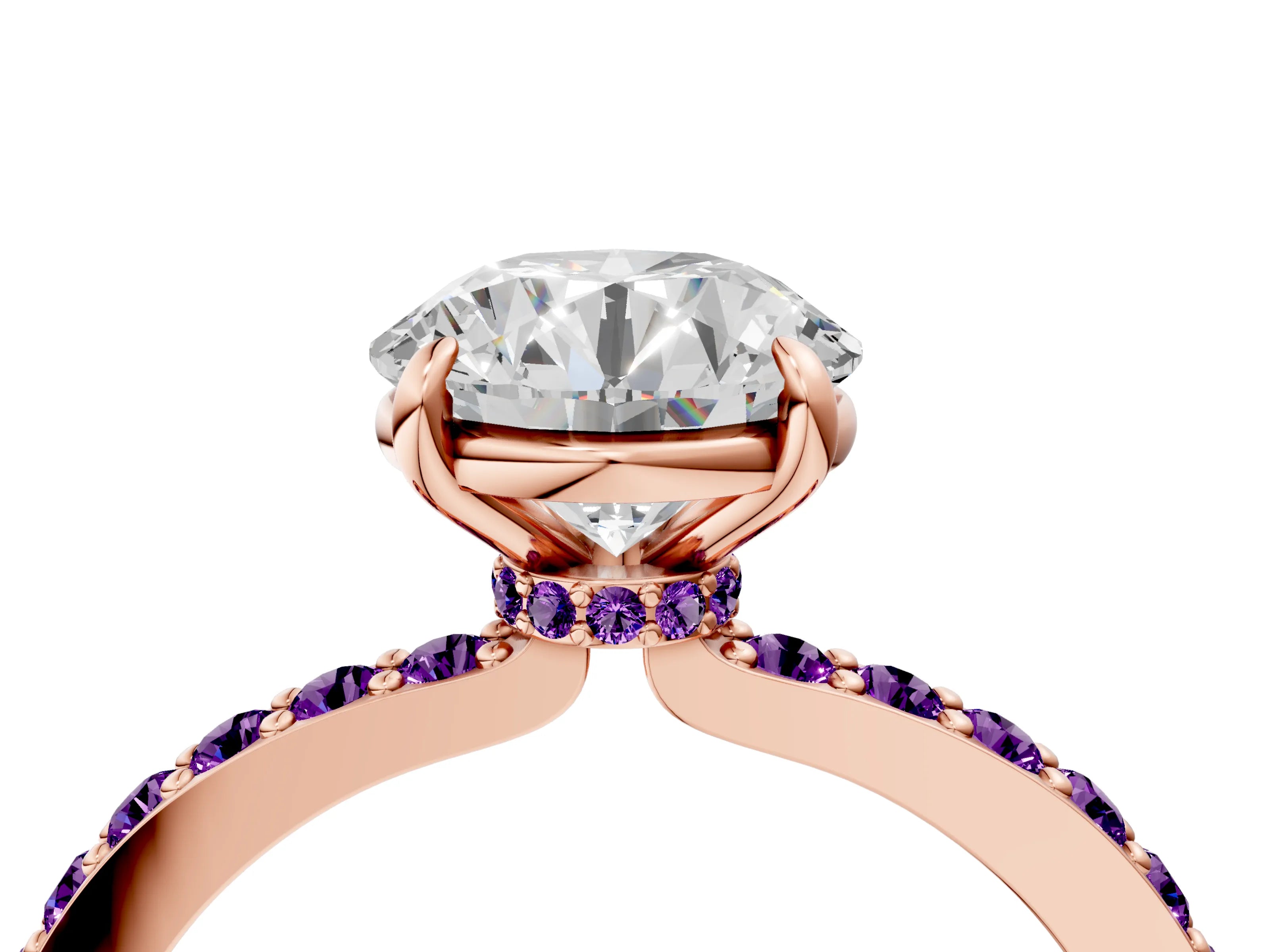 Rose gold Round Cut Diamond Pavé Engagement Ring with Round with Amethyst side stone Accents and Prong Setting_4