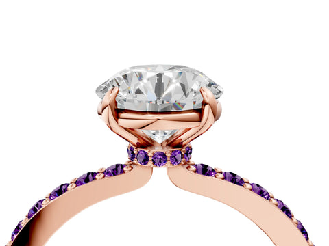 Rose gold Round Cut Diamond Pavé Engagement Ring with Round with Amethyst side stone Accents and Prong Setting_4