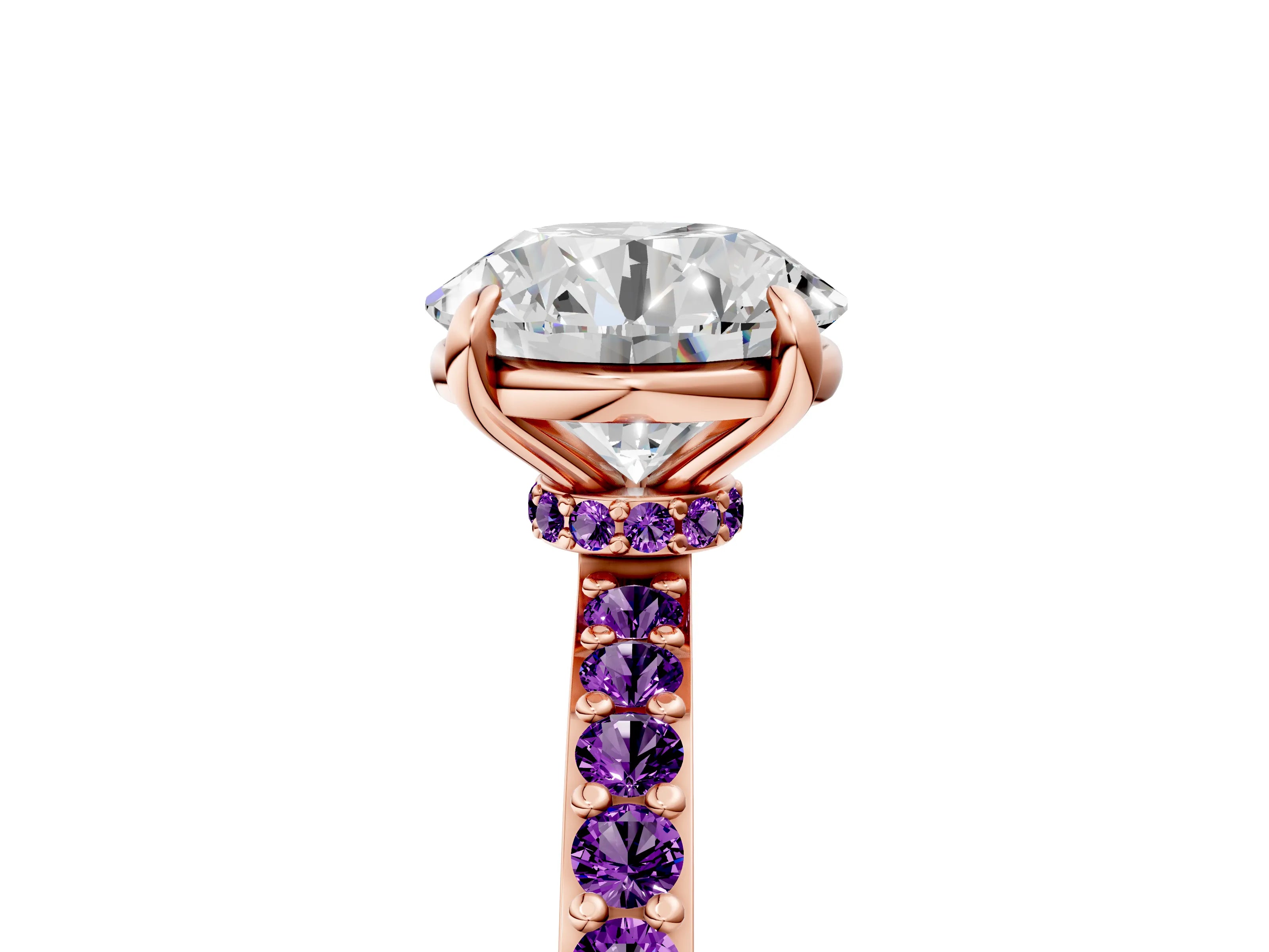 Rose gold Round Cut Diamond Pavé Engagement Ring with Round with Amethyst side stone Accents and Prong Setting_5