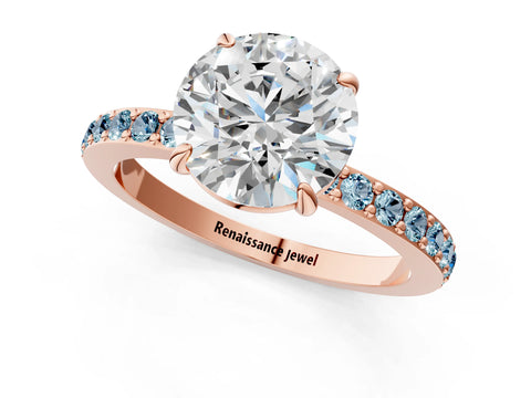 Rose gold Round Cut Diamond Pavé Engagement Ring with Round with Aquamarine side stone Accents and Prong Setting_1