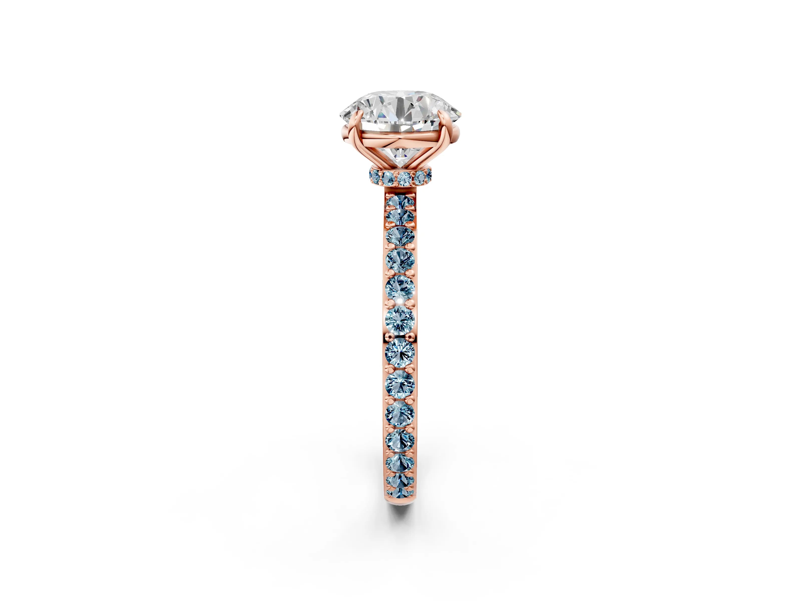 Rose gold Round Cut Diamond Pavé Engagement Ring with Round with Aquamarine side stone Accents and Prong Setting_2