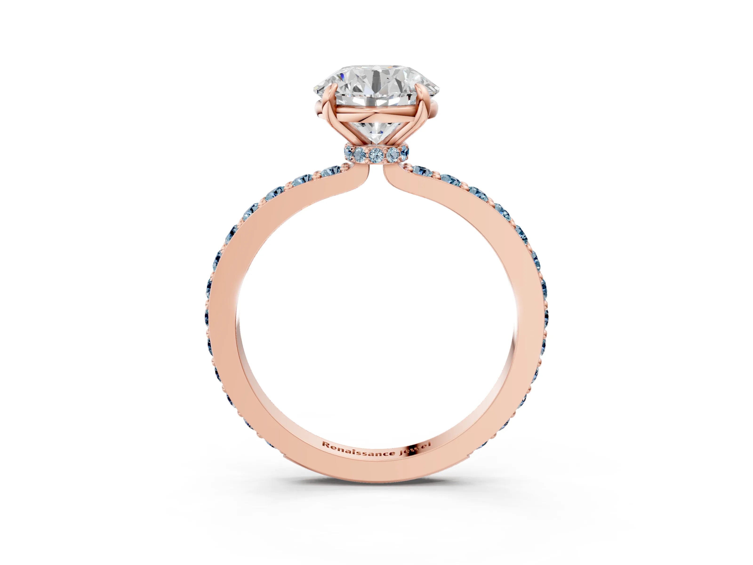 Rose gold Round Cut Diamond Pavé Engagement Ring with Round with Aquamarine side stone Accents and Prong Setting_3