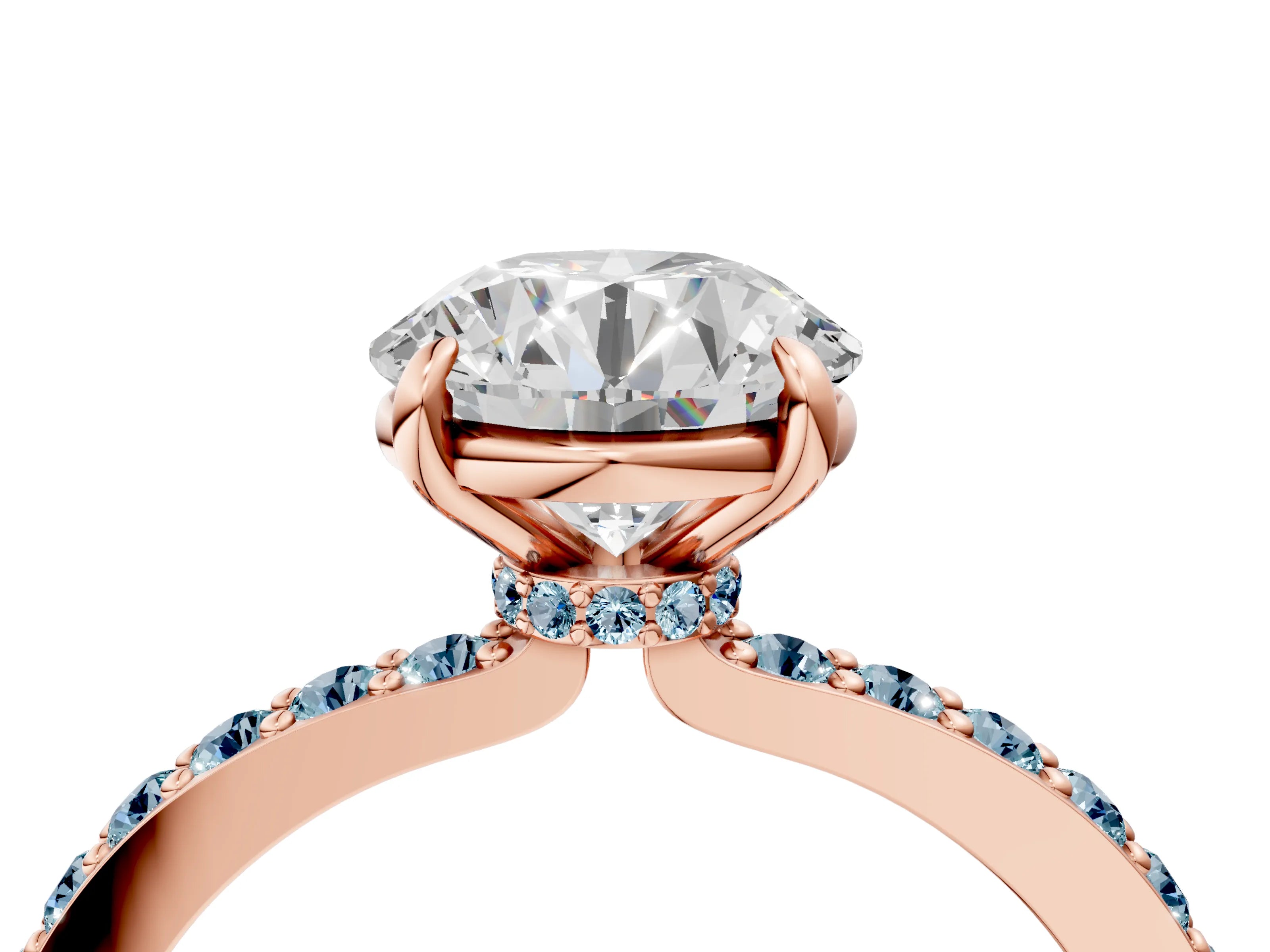 Rose gold Round Cut Diamond Pavé Engagement Ring with Round with Aquamarine side stone Accents and Prong Setting_4