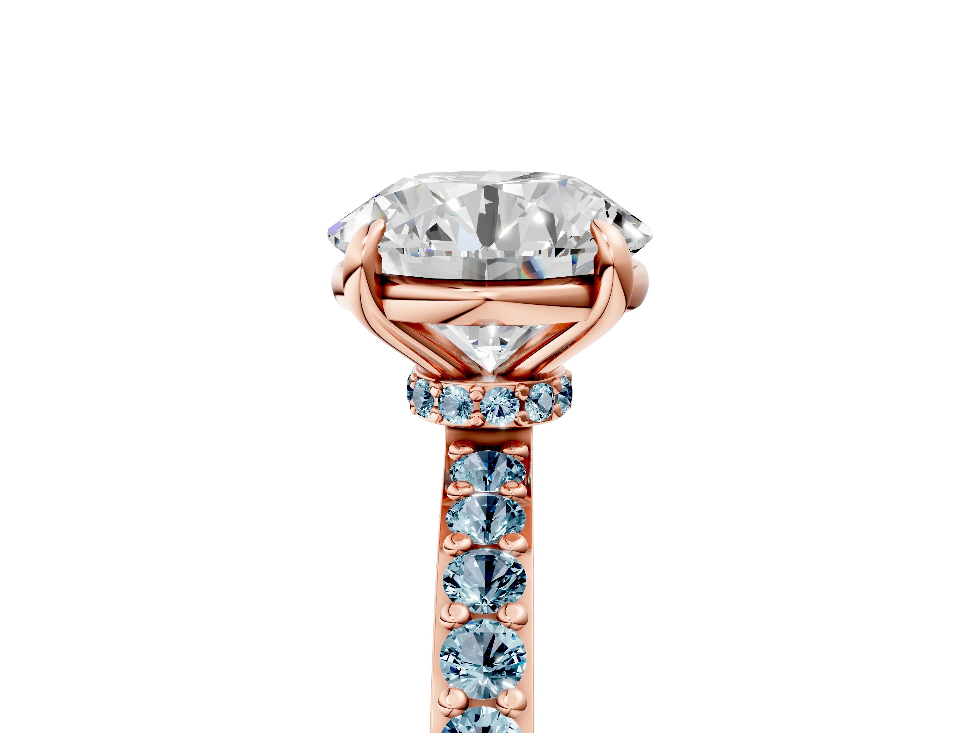 Rose gold Round Cut Diamond Pavé Engagement Ring with Round with Aquamarine side stone Accents and Prong Setting_5