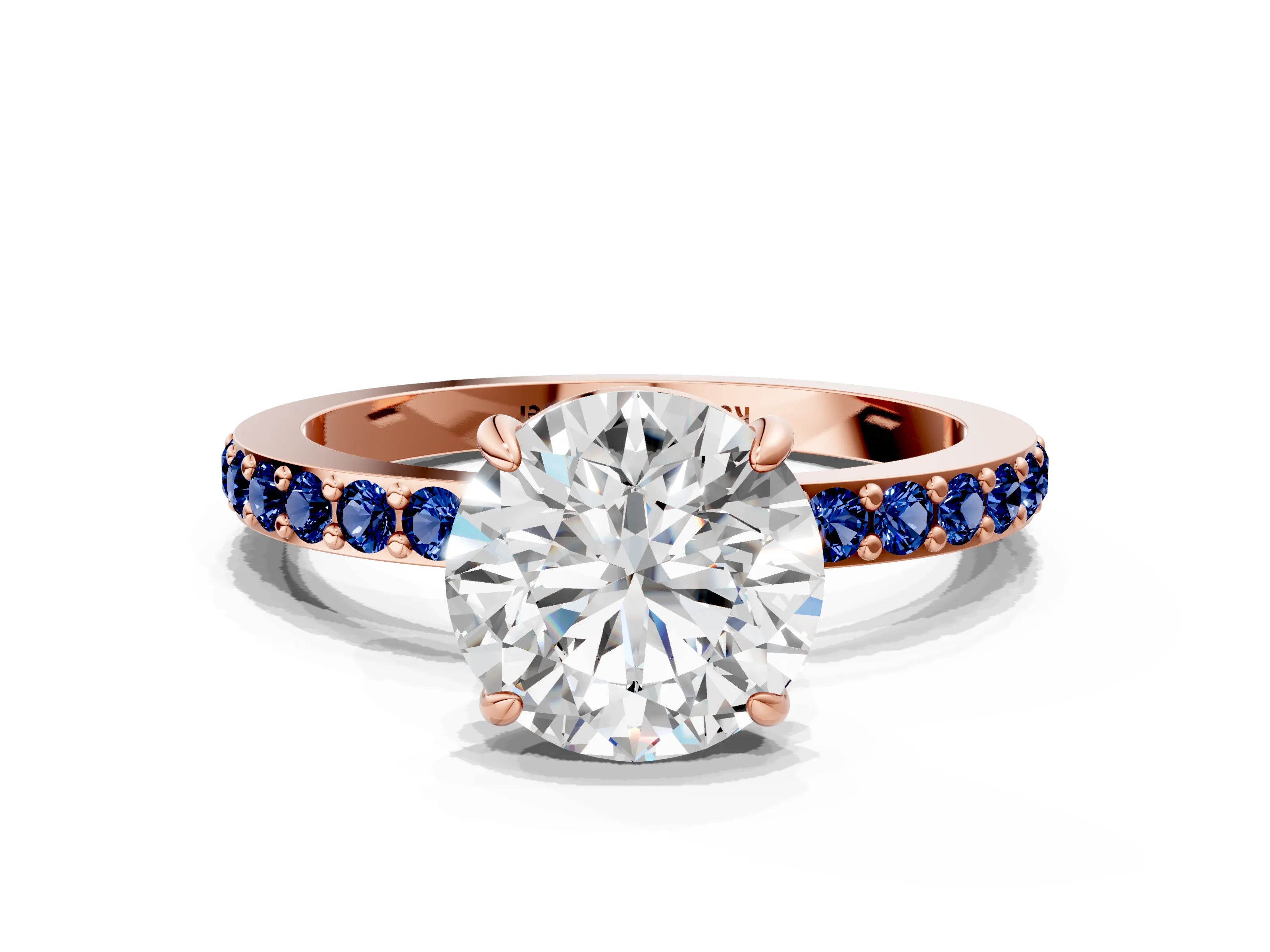 Rose gold Round Cut Diamond Pavé Engagement Ring with Round with Blue Sapphire side stone Accents and Prong Setting
