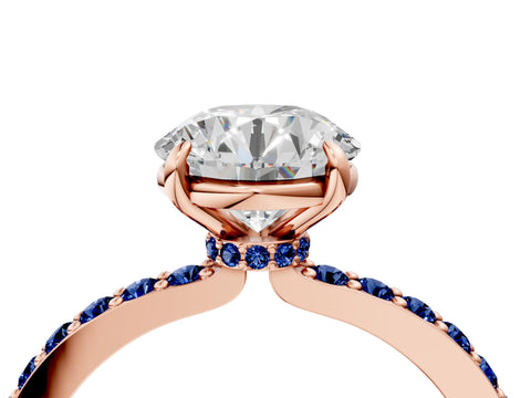 Rose gold Round Cut Diamond Pavé Engagement Ring with Round with Blue Sapphire side stone Accents and Prong Setting_10