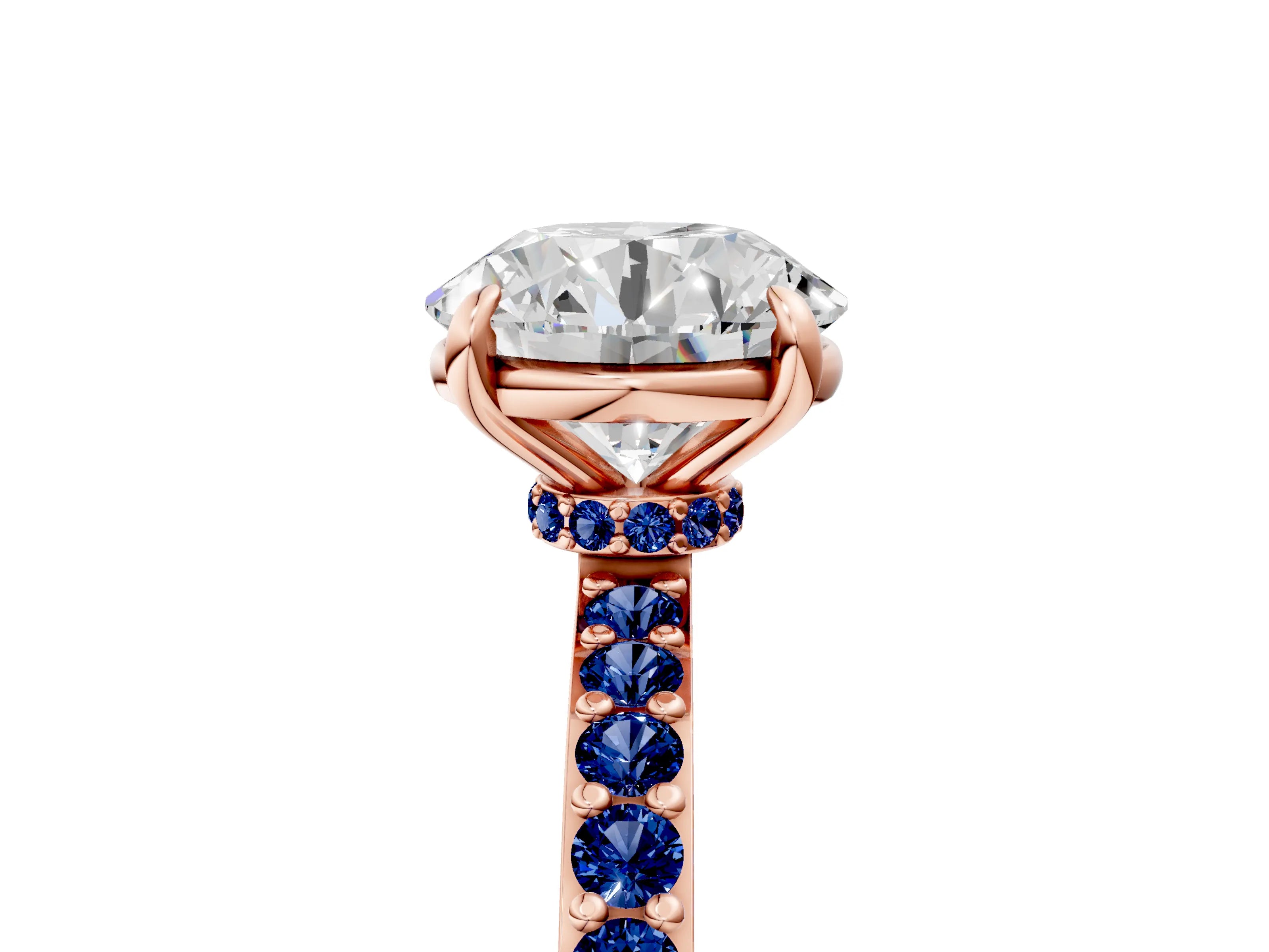 Rose gold Round Cut Diamond Pavé Engagement Ring with Round with Blue Sapphire side stone Accents and Prong Setting_11