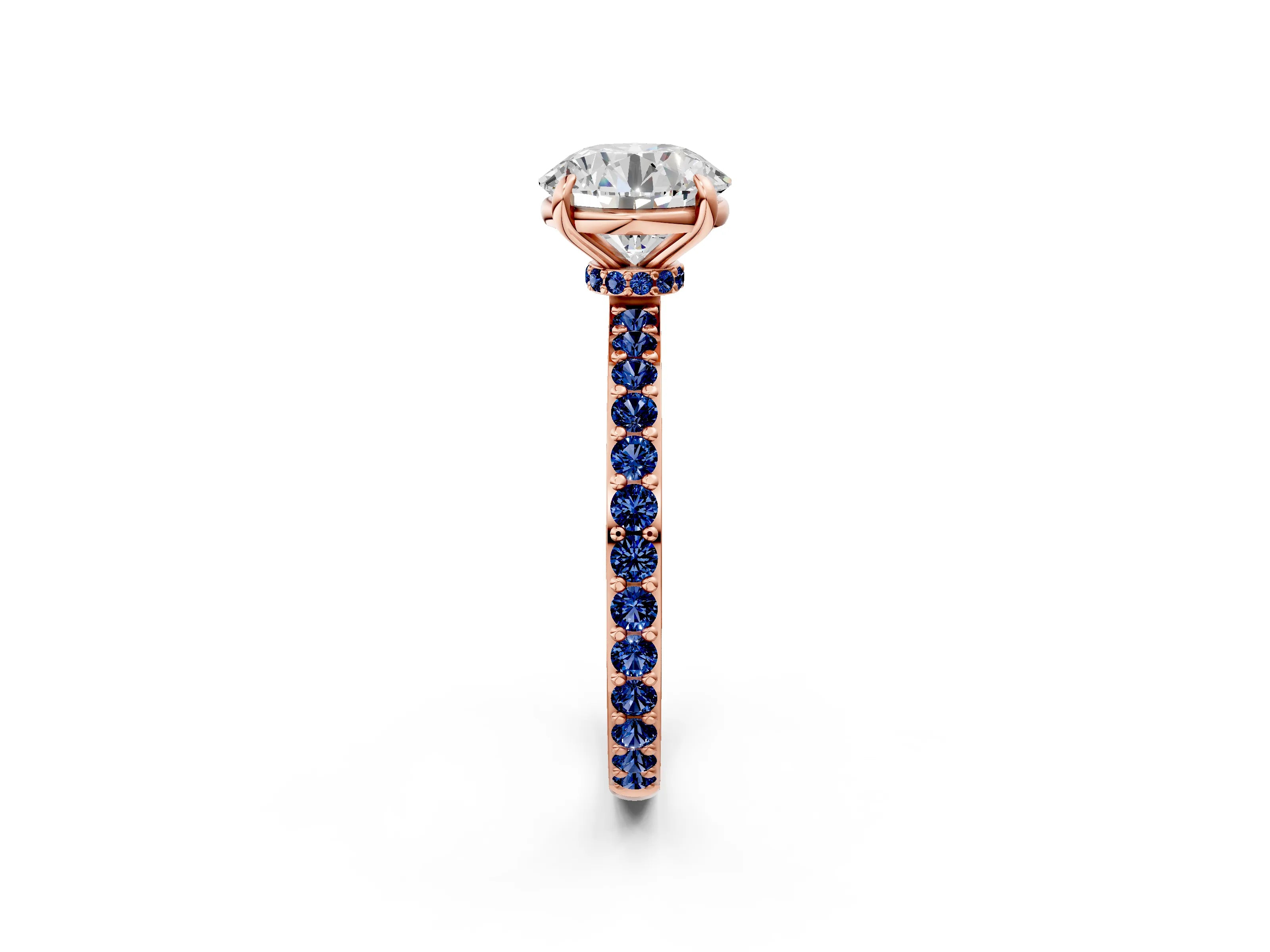 Rose gold Round Cut Diamond Pavé Engagement Ring with Round with Blue Sapphire side stone Accents and Prong Setting_2
