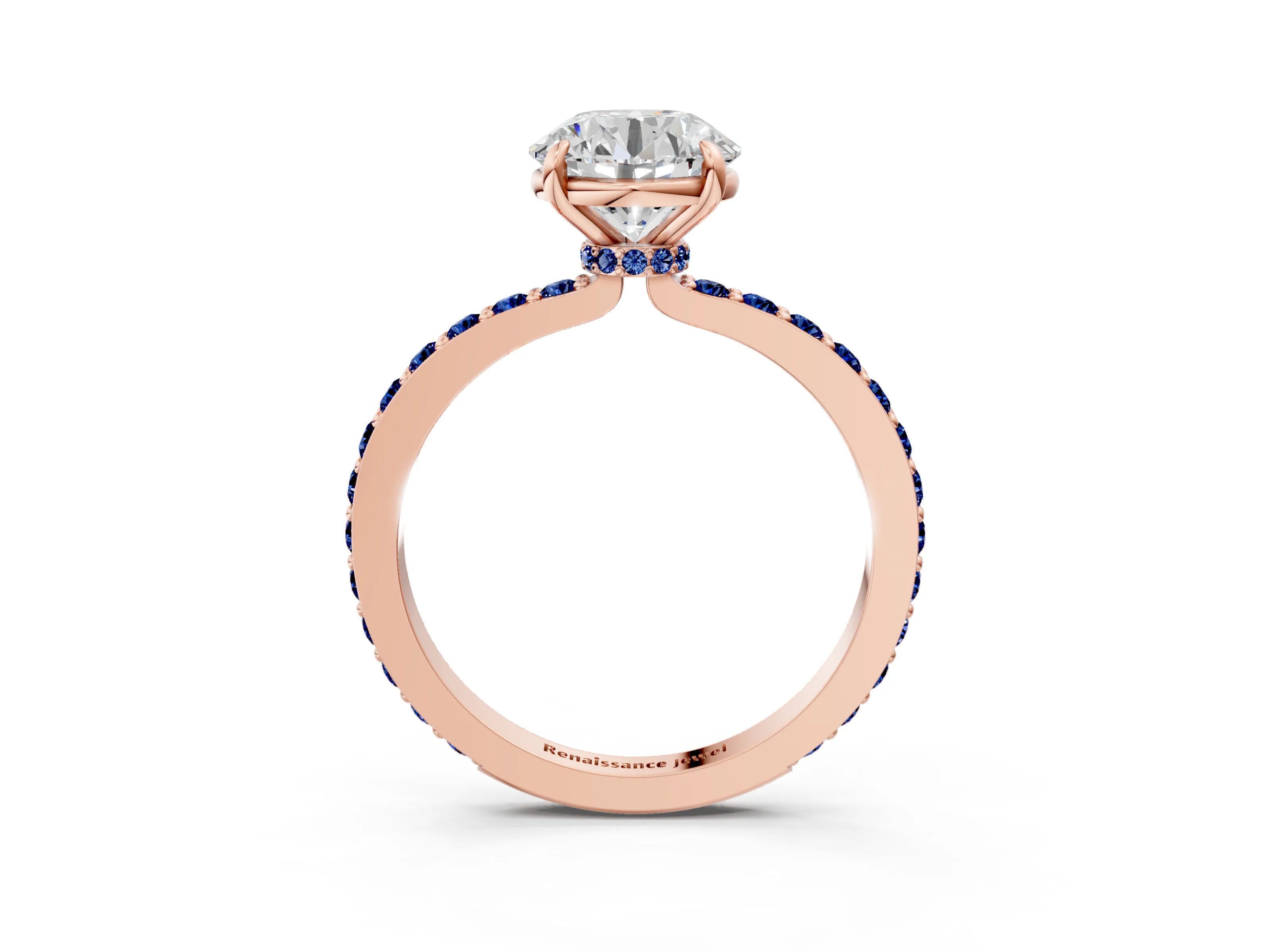 Rose gold Round Cut Diamond Pavé Engagement Ring with Round with Blue Sapphire side stone Accents and Prong Setting_3
