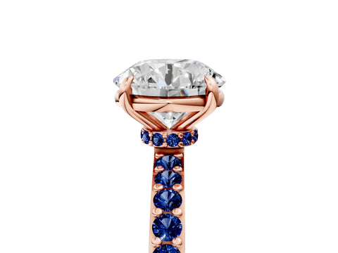 Rose gold Round Cut Diamond Pavé Engagement Ring with Round with Blue Sapphire side stone Accents and Prong Setting_5