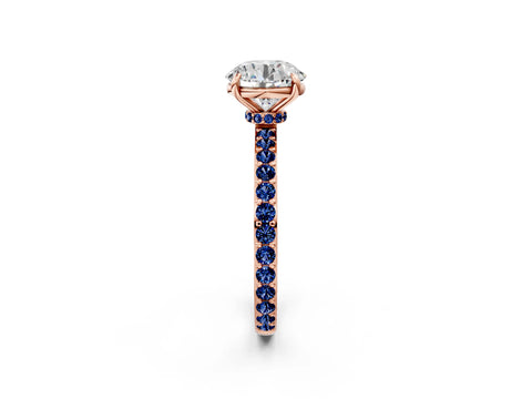 Rose gold Round Cut Diamond Pavé Engagement Ring with Round with Blue Sapphire side stone Accents and Prong Setting_8