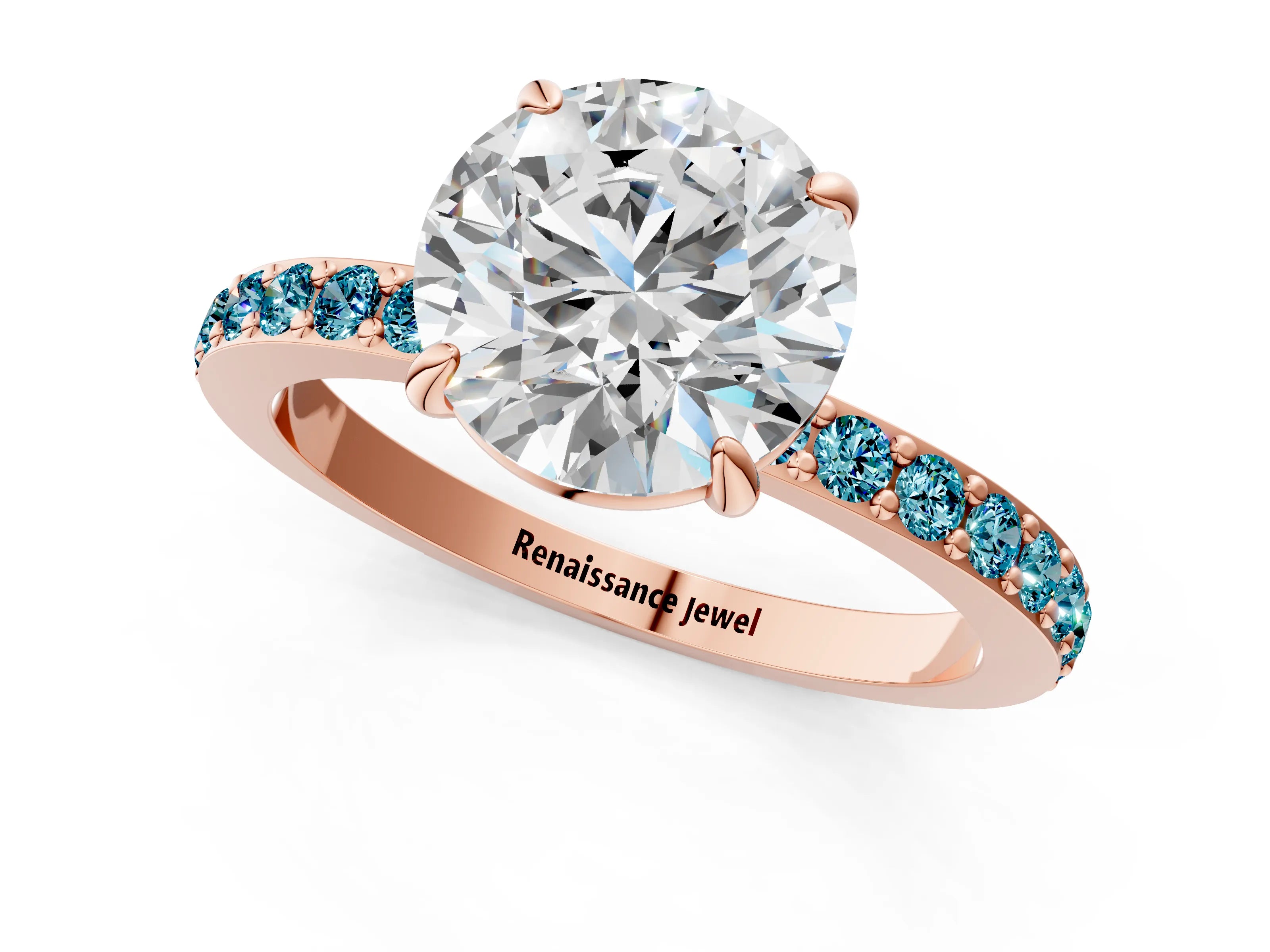 Rose gold Round Cut Diamond Pavé Engagement Ring with Round with Blue Topaz side stone Accents and Prong Setting_1