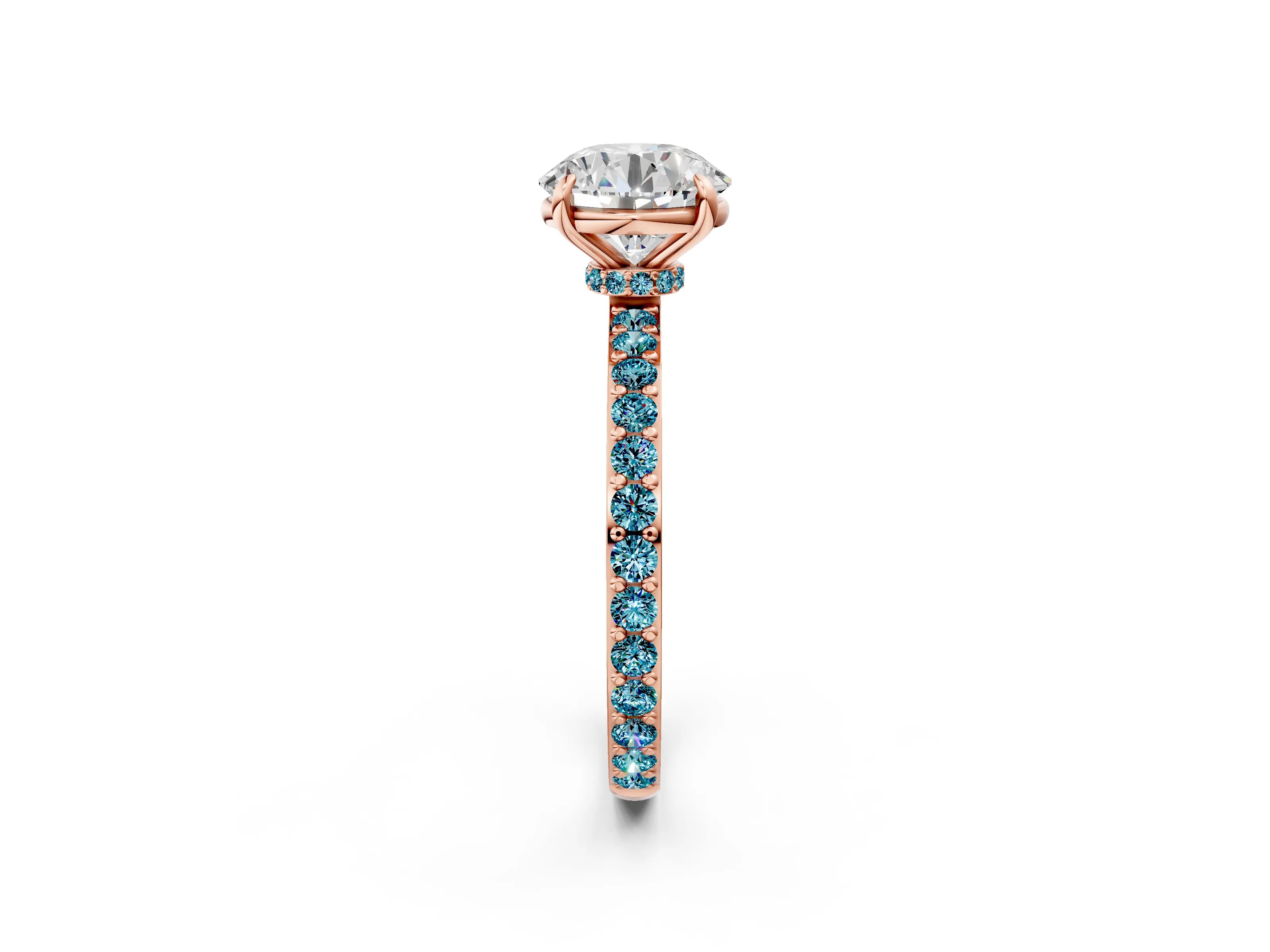 Rose gold Round Cut Diamond Pavé Engagement Ring with Round with Blue Topaz side stone Accents and Prong Setting_2
