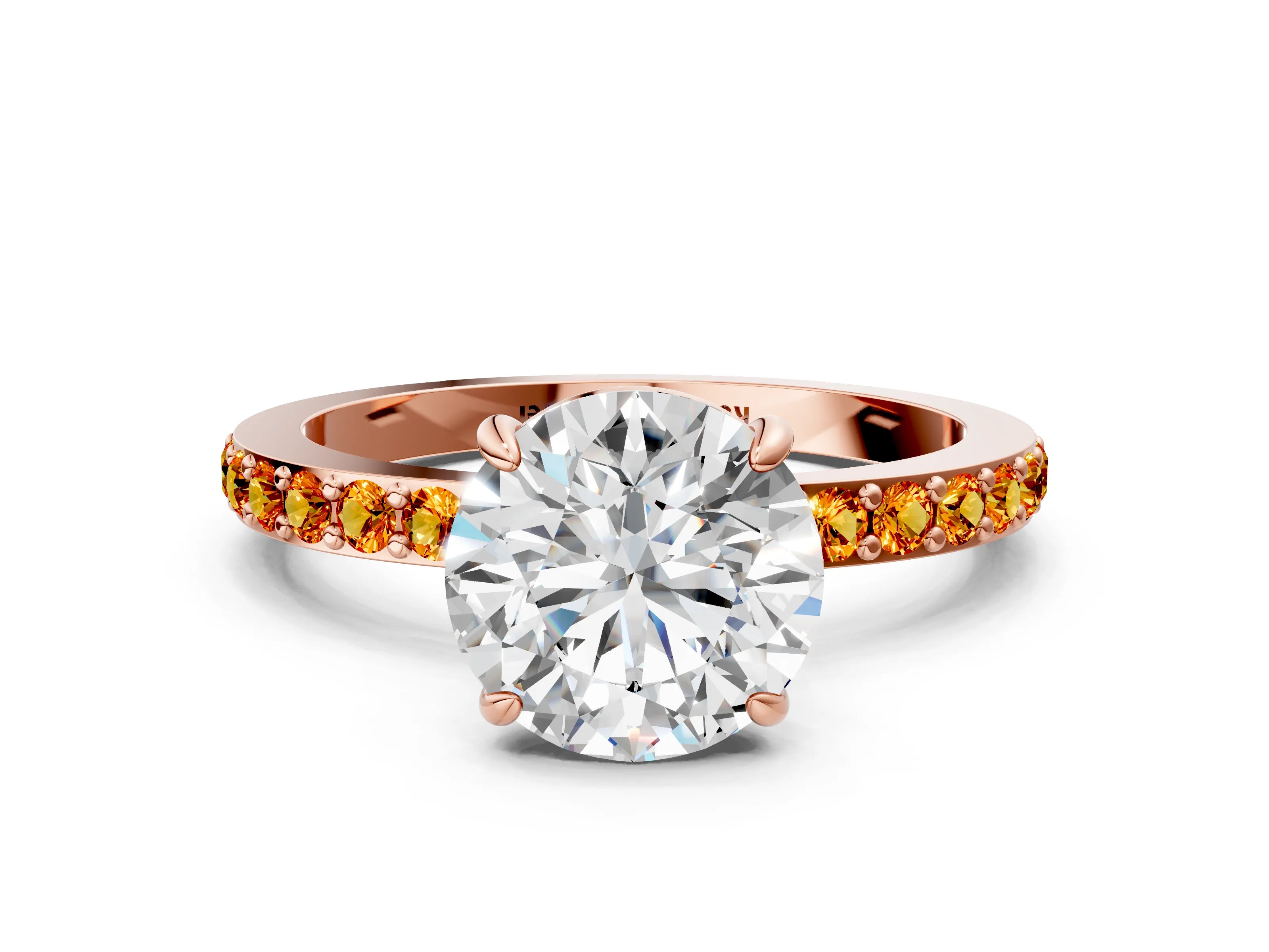 Rose gold Round Cut Diamond Pavé Engagement Ring with Round with Citrine side stone Accents and Prong Setting