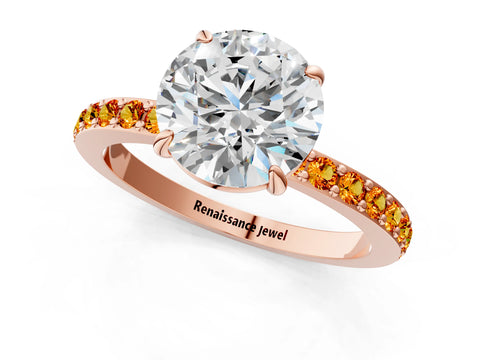 Rose gold Round Cut Diamond Pavé Engagement Ring with Round with Citrine side stone Accents and Prong Setting_1
