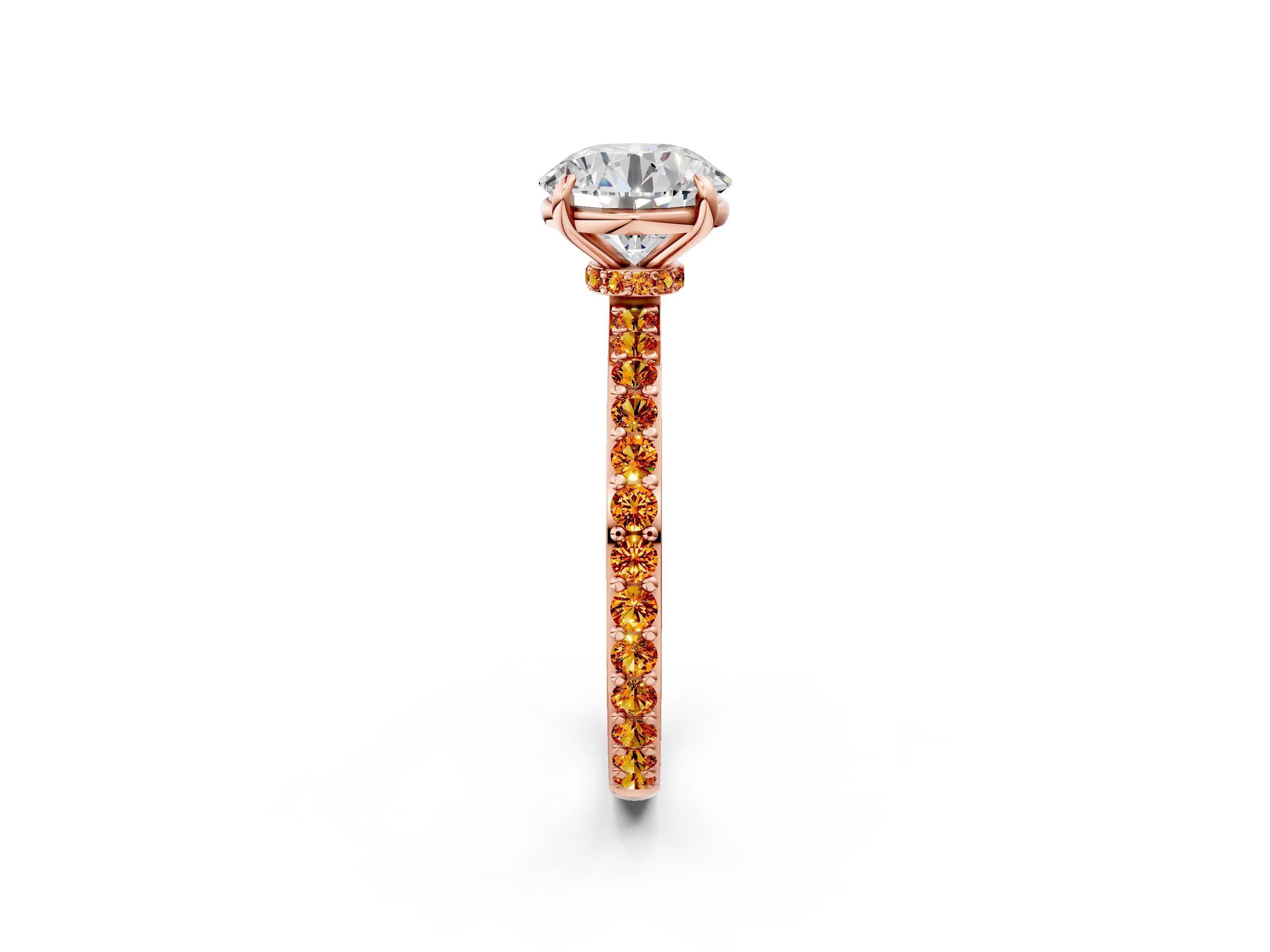 Rose gold Round Cut Diamond Pavé Engagement Ring with Round with Citrine side stone Accents and Prong Setting_2