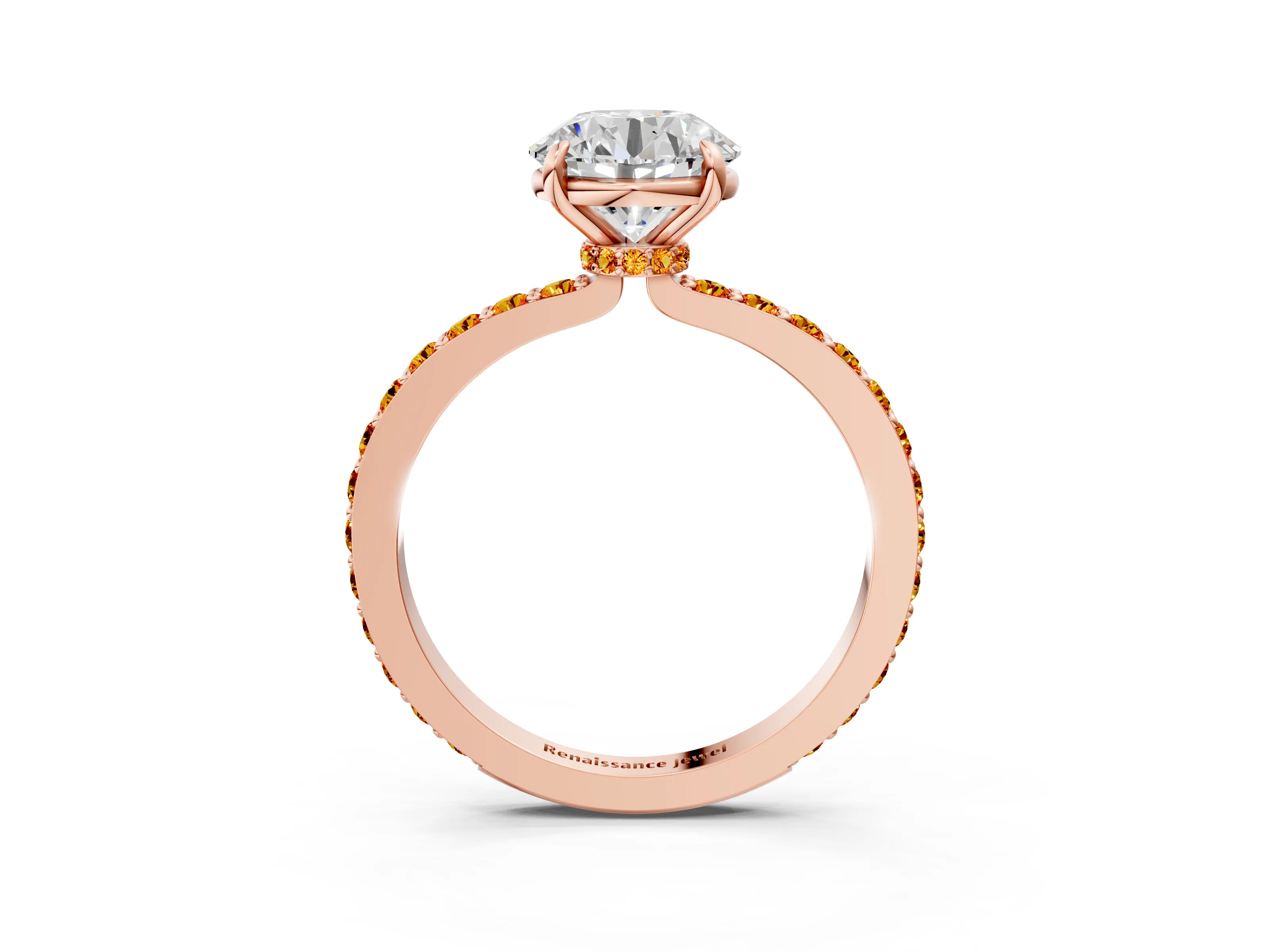 Rose gold Round Cut Diamond Pavé Engagement Ring with Round with Citrine side stone Accents and Prong Setting_3
