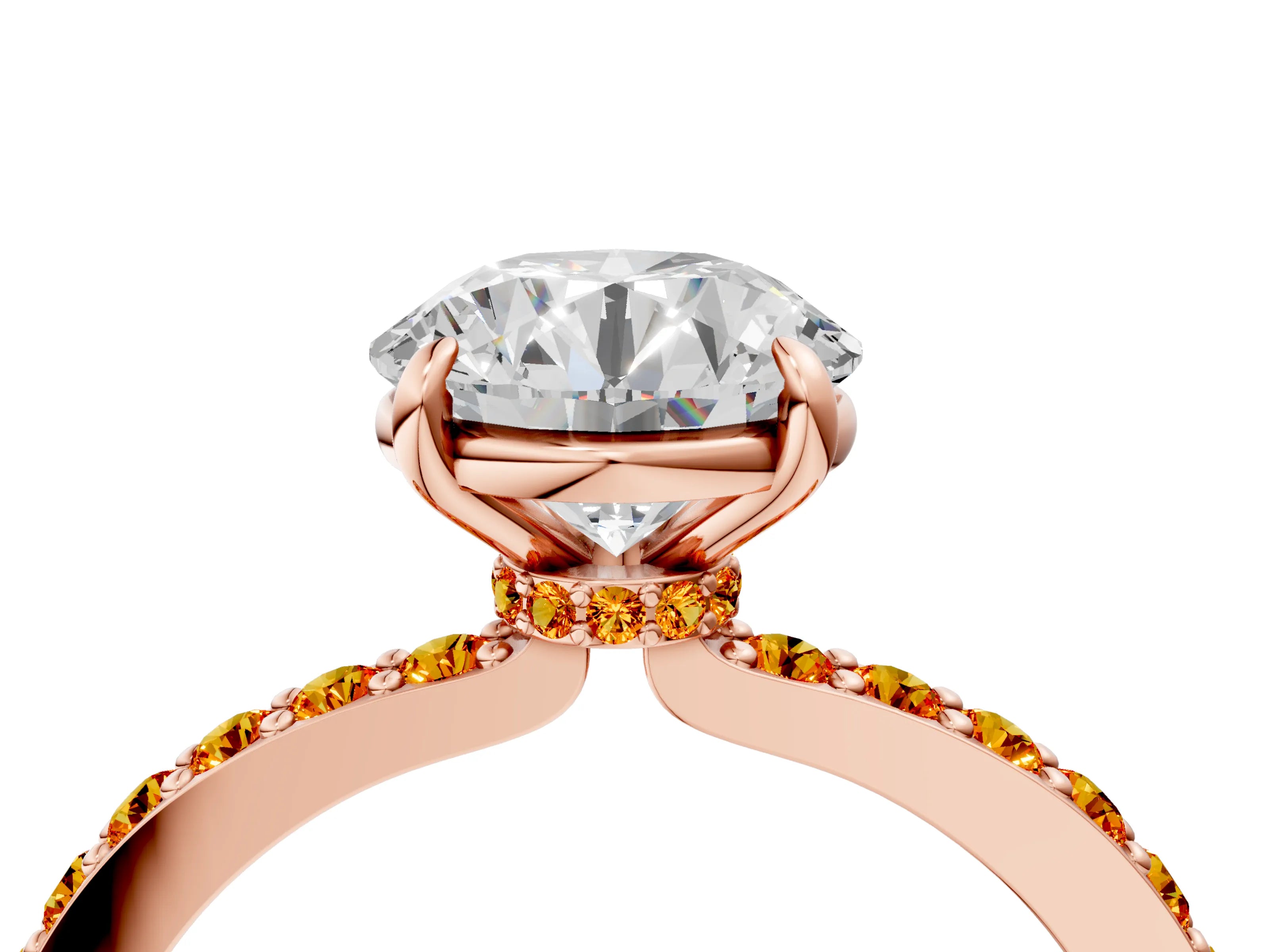 Rose gold Round Cut Diamond Pavé Engagement Ring with Round with Citrine side stone Accents and Prong Setting_4