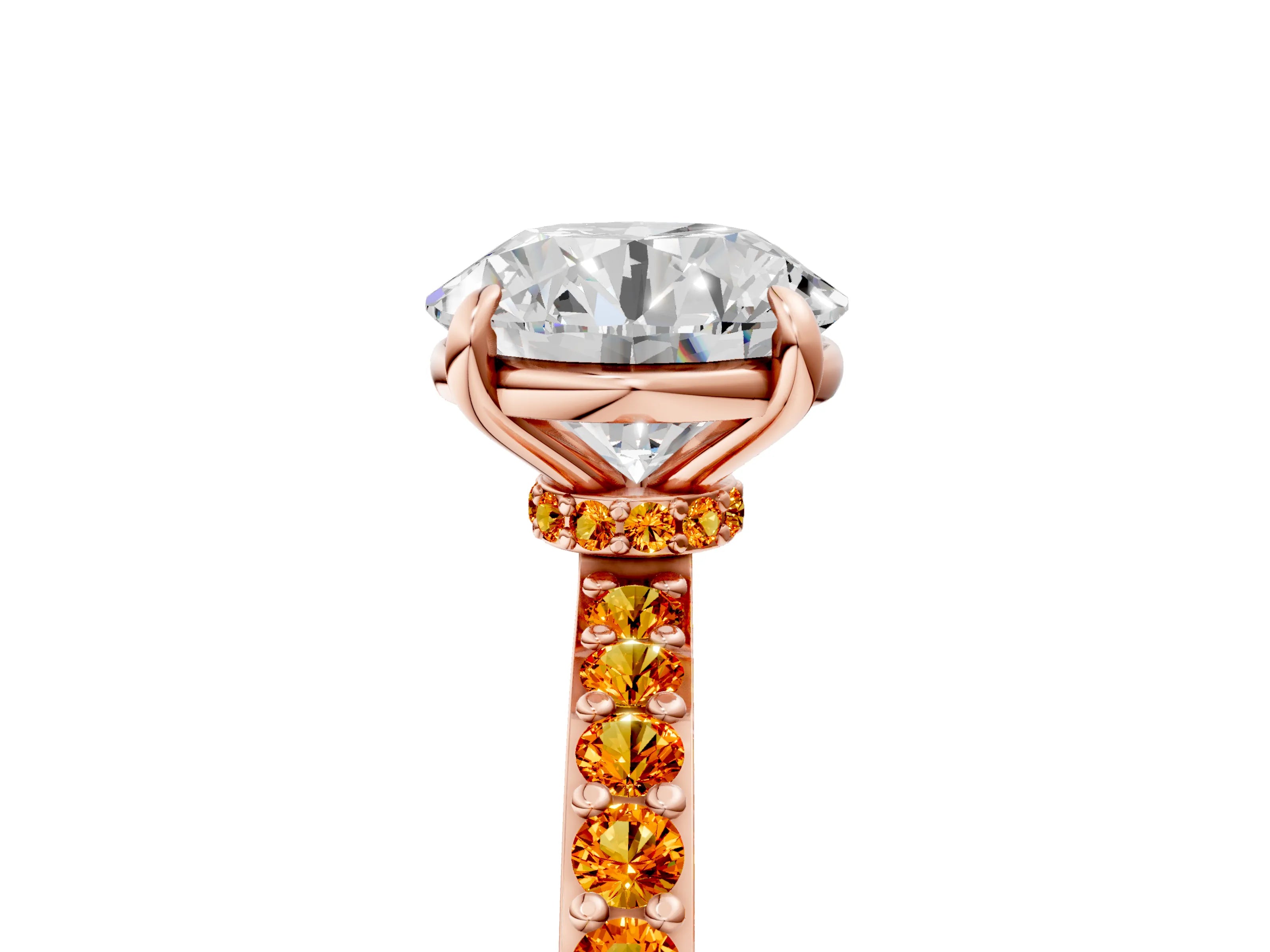Rose gold Round Cut Diamond Pavé Engagement Ring with Round with Citrine side stone Accents and Prong Setting_5