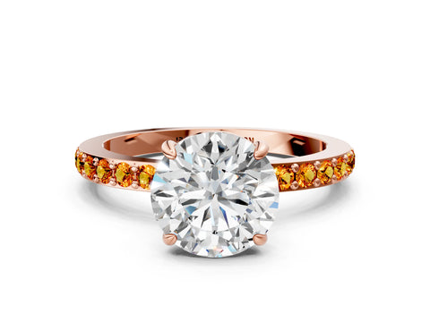 Rose gold Round Cut Diamond Pavé Engagement Ring with Round with Citrine side stone Accents and Prong Setting