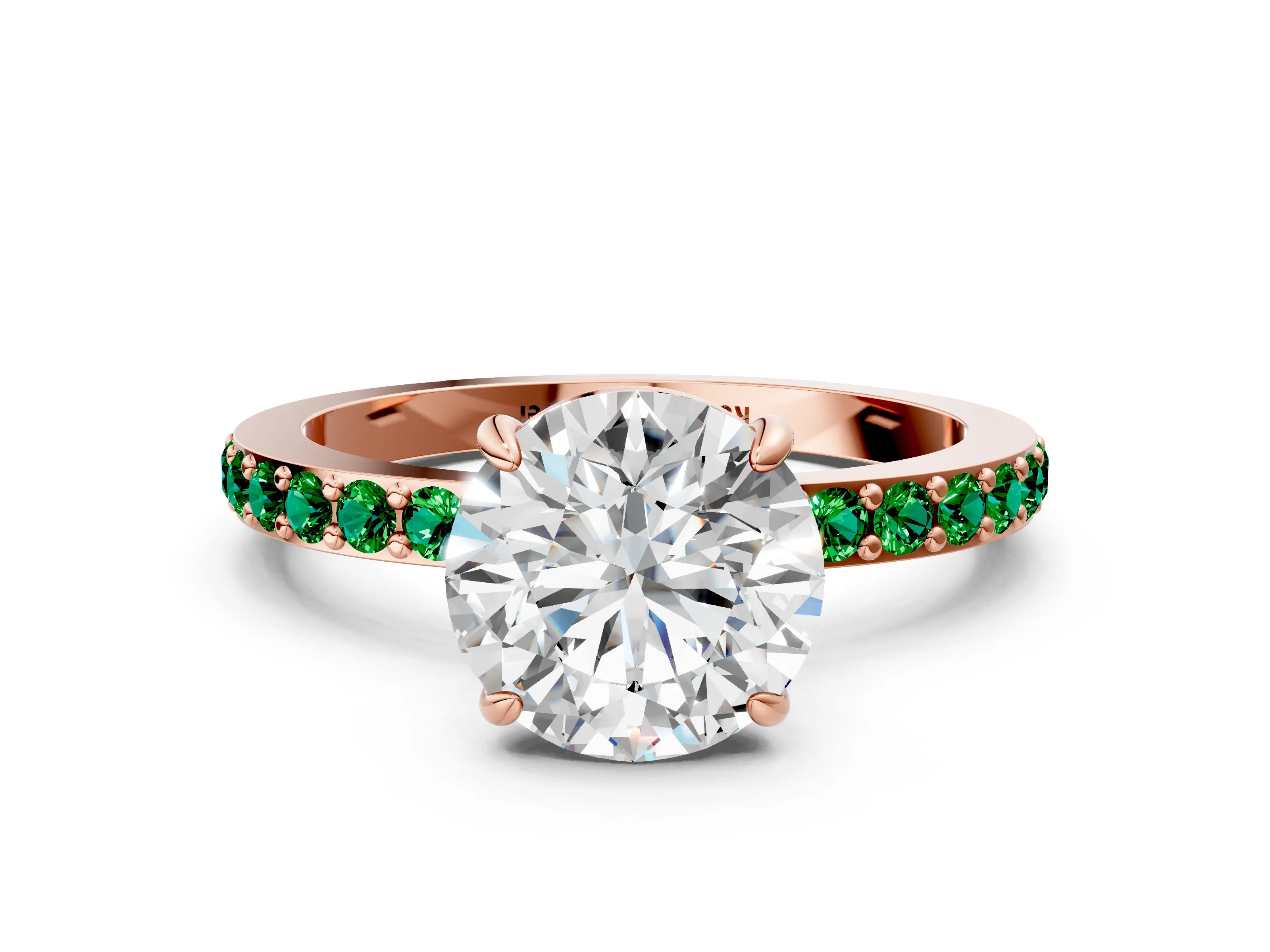 Rose gold Round Cut Diamond Pavé Engagement Ring with Round with Emerald side stone Accents and Prong Setting