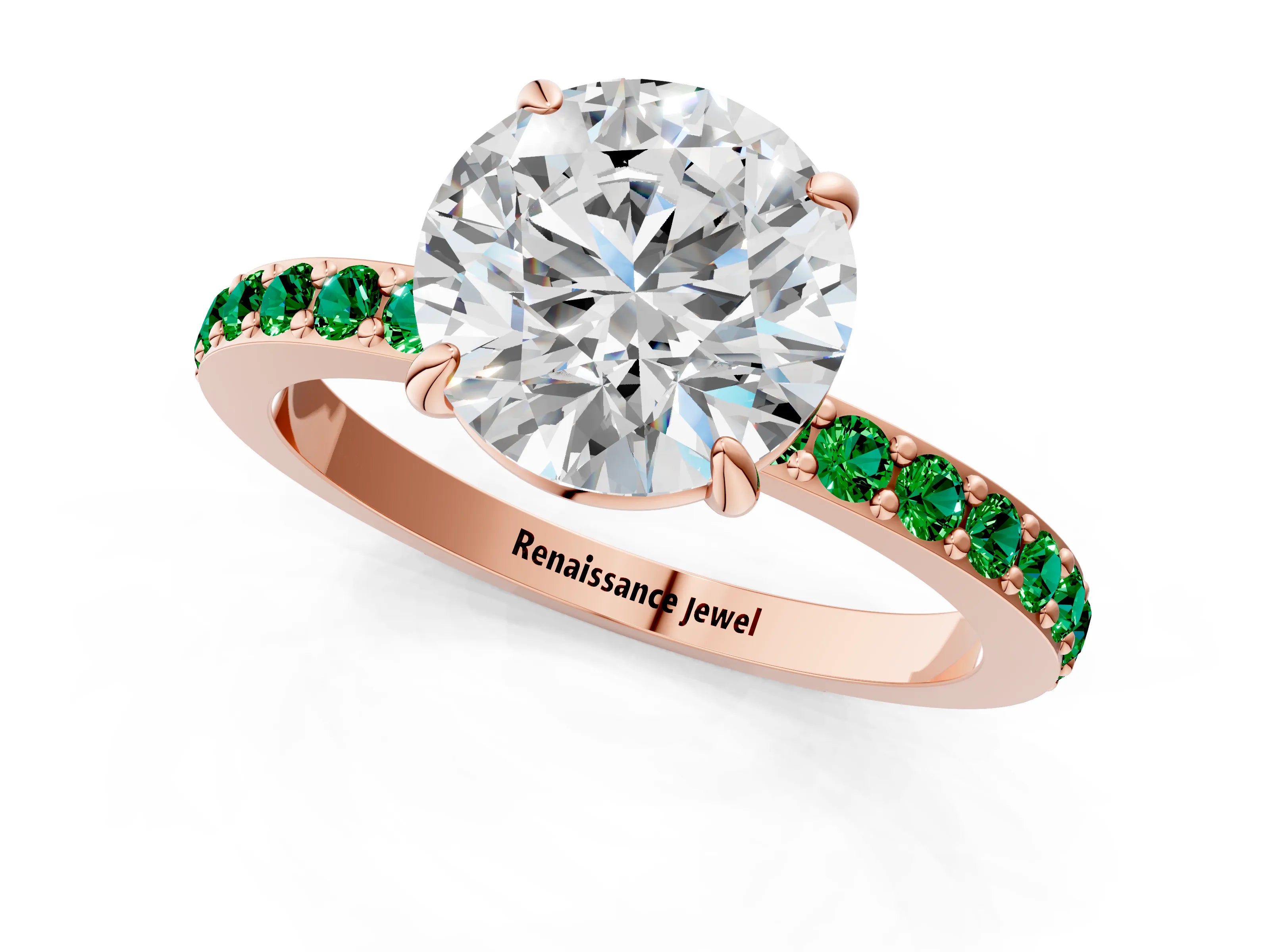 Rose gold Round Cut Diamond Pavé Engagement Ring with Round with Emerald side stone Accents and Prong Setting_1