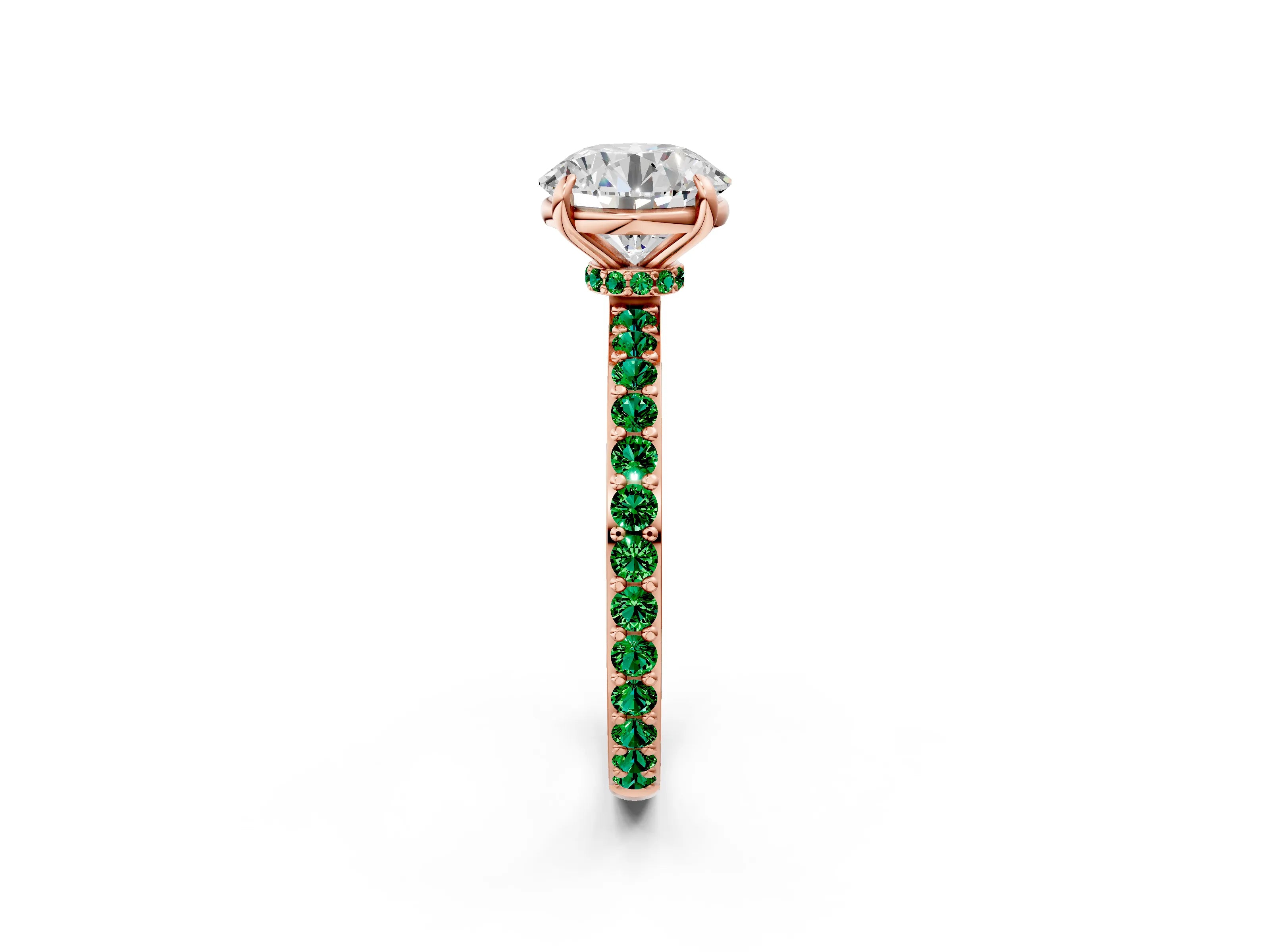 Rose gold Round Cut Diamond Pavé Engagement Ring with Round with Emerald side stone Accents and Prong Setting_2