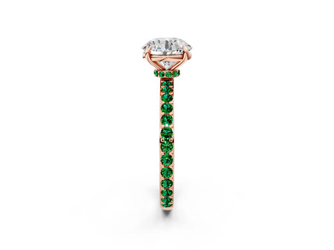Rose gold Round Cut Diamond Pavé Engagement Ring with Round with Emerald side stone Accents and Prong Setting_2