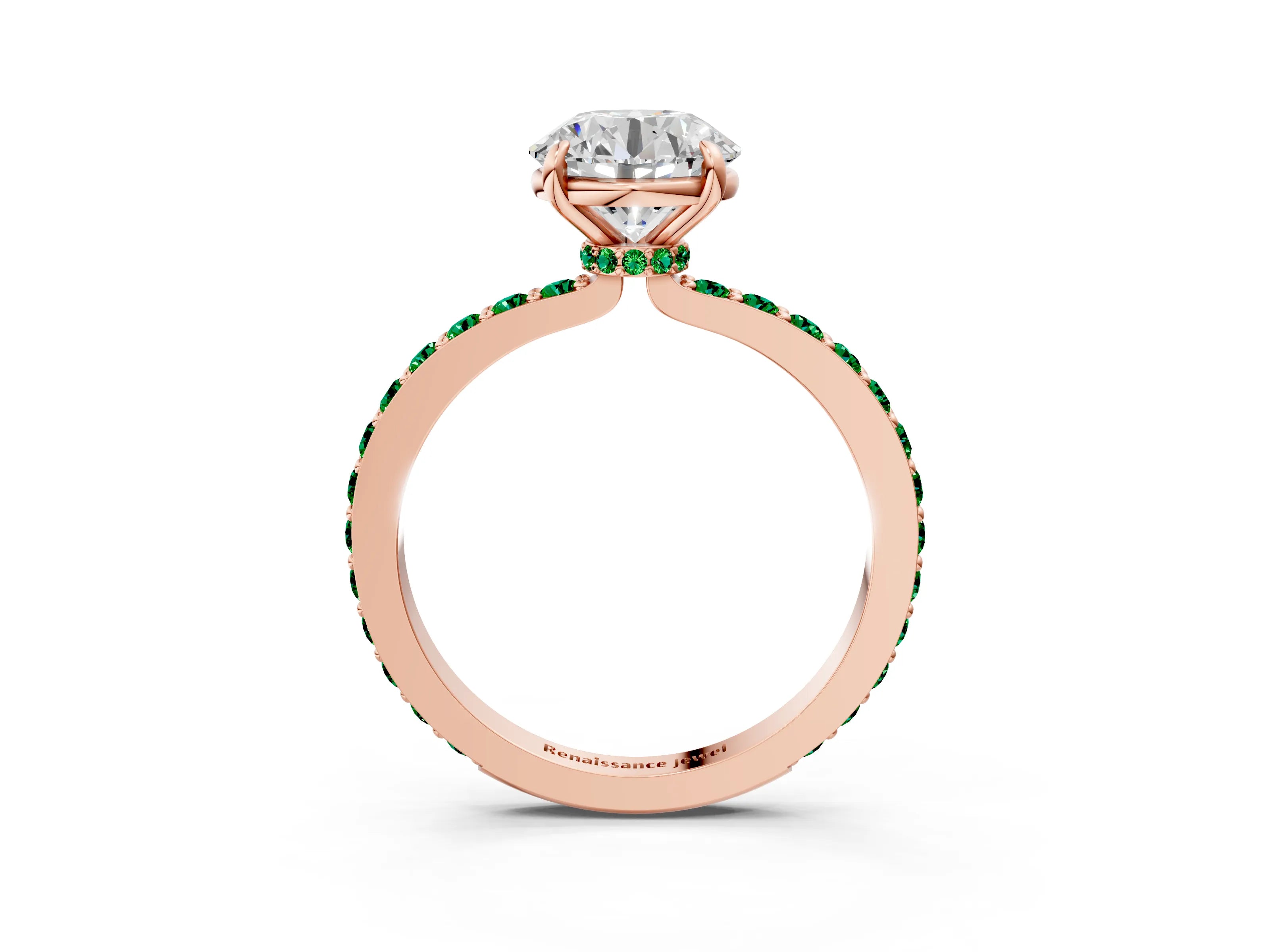 Rose gold Round Cut Diamond Pavé Engagement Ring with Round with Emerald side stone Accents and Prong Setting_3