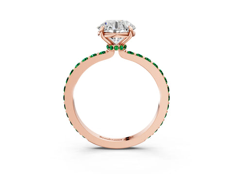 Rose gold Round Cut Diamond Pavé Engagement Ring with Round with Emerald side stone Accents and Prong Setting_3