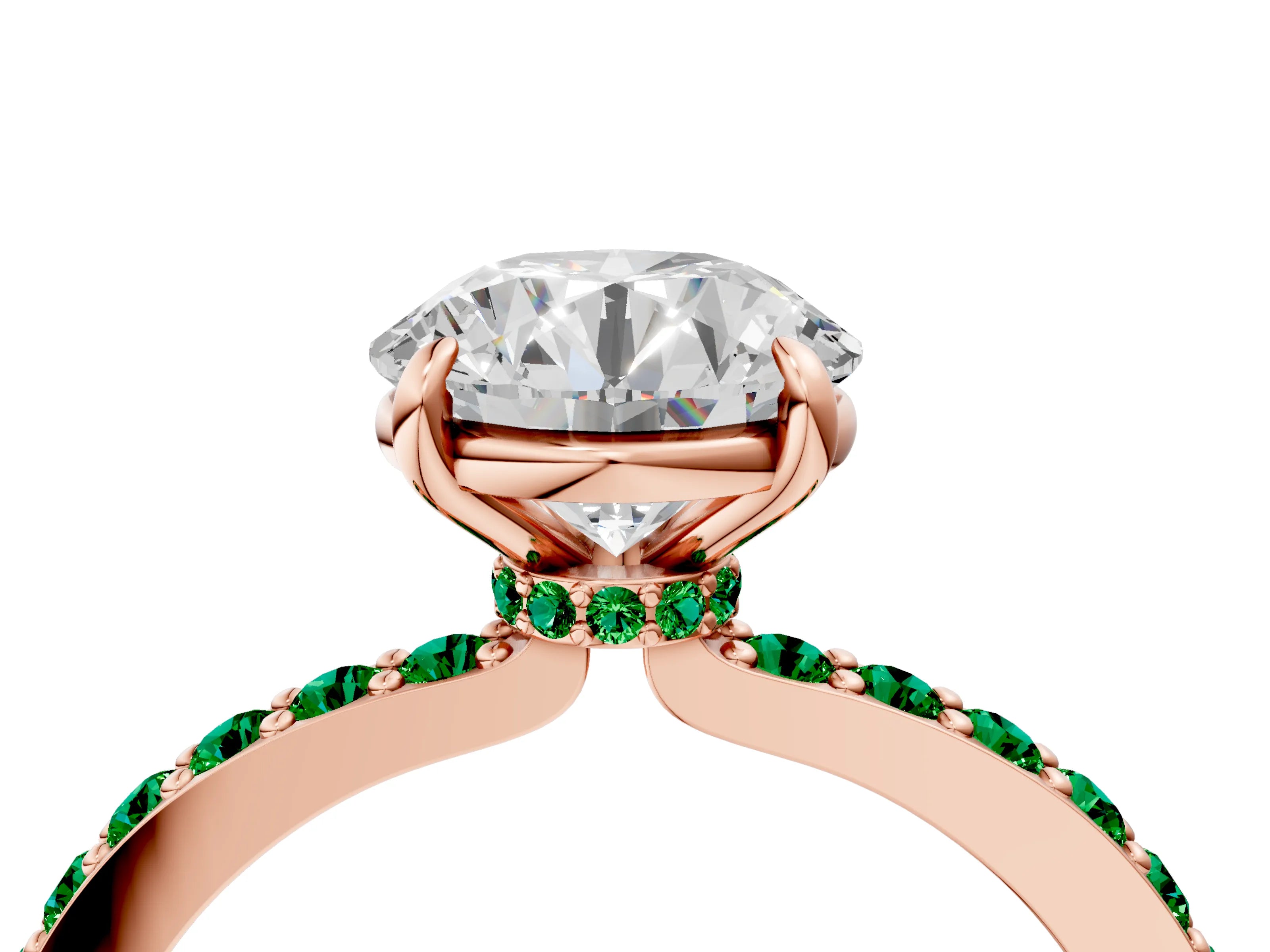Rose gold Round Cut Diamond Pavé Engagement Ring with Round with Emerald side stone Accents and Prong Setting_4